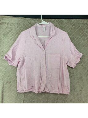Cotton On Body Shirt Womens L Pink & White Striped Button-Up Short Sleeve Ruffle